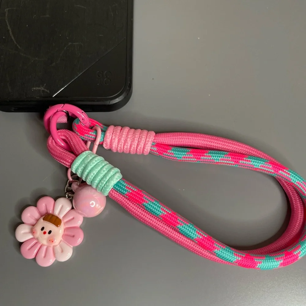 Pink & Teal Floral Charm Phone Wrist Lanyard